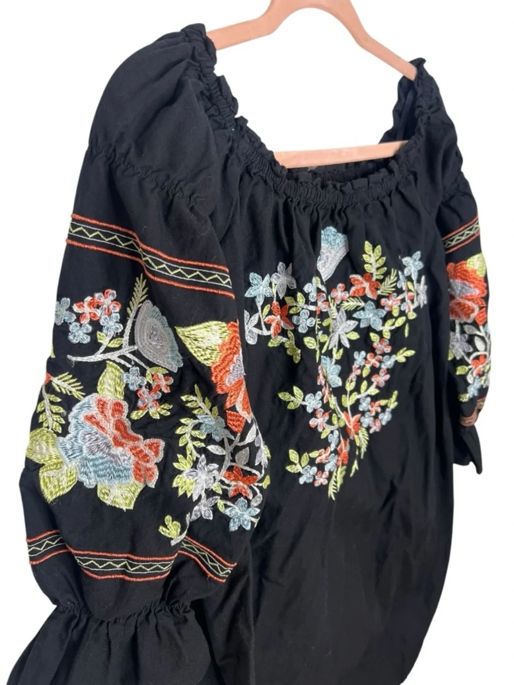 Free People Fleur Du Jour Embroidered Mini Dress Black Boho Peasant Puff Sleeve